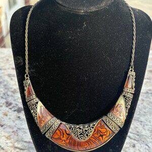 Vintage Orange Red Gold Tone Collar Statement Necklace